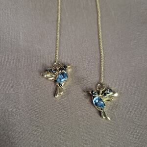 Blue and gold hummingbird dangle earrings